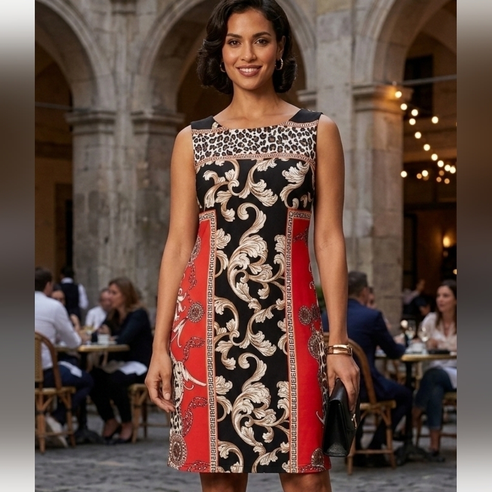 AB STUDIO Size M Shift Women's Dress Red Black Gold White Orange Leopard Print